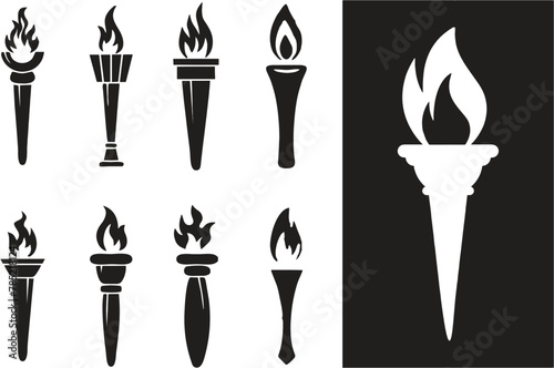 Set of traditional ancient Greek torch icons. Greece runner, Sport flame. Symbol of light and enlightenment. Editable vector burning stick, sports symbol icon, historical tradition icons. eps 10. © munir