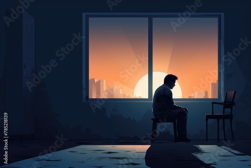 sad lonely man sit in empty room illustration