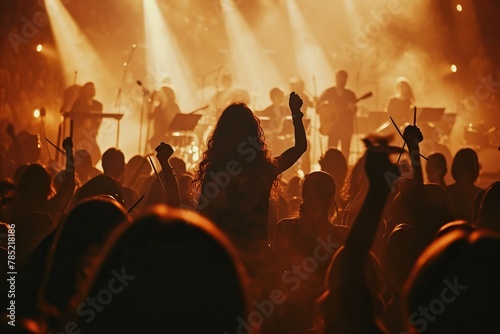 Energy of a concert hall during a live performance, with musicians passionately engaged in their craft. vibrancy and emotion of a live musical experience.