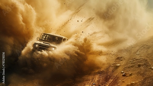 4x4 off-road truck conquering a challenging terrain, kicking up dust in its wake. The image conveys a sense of rugged adventure