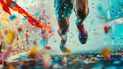 Finish line ribbon being crossed by a determined runner, captured mid-stride with confetti bursting in the air. The image encapsulates the joy and triumph of reaching a goal photo