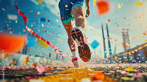 Finish line ribbon being crossed by a determined runner, captured mid-stride with confetti bursting in the air. The image encapsulates the joy and triumph of reaching a goal photo