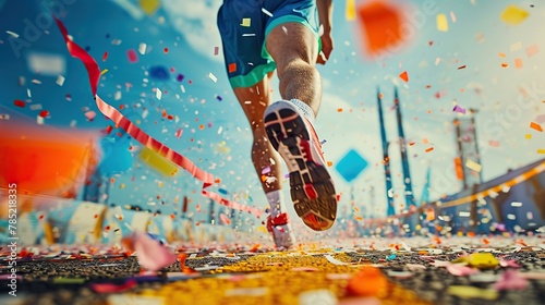 Finish line ribbon being crossed by a determined runner, captured mid-stride with confetti bursting in the air. The image encapsulates the joy and triumph of reaching a goal