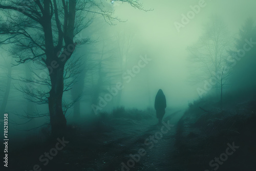 Mysterious Figure Walking on a Foggy Forest Path at Dusk