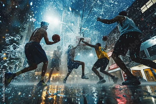 Group of friends engaged in a game of street basketball, with the urban environment transformed into their playground. The image captures the spirit of urban athleticism  photo
