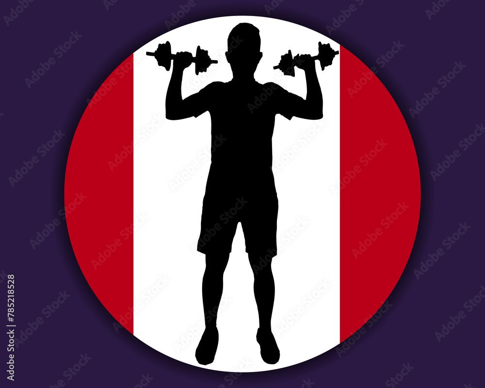 Athlete with dumbbells front of Peru flag, bodybuilder silhouette vector Athlete with dumbbells front of Peru flag, bodybuilder silhouette vector