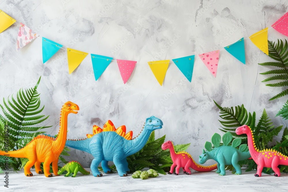 Obraz premium The backdrop composition featured small cute colorful dinosaurs set on the floor with bunting garland and colored paper flags hanging over it. Dinosaur Day.