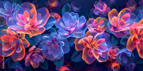 Neon Glow Digital Art of Exotic Flowers in Bloom