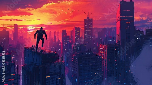 Towering skyscrapers and a vibrant sunset as a heroic figure emerges in a powerful stance, ready to face impending danger. The composition draws inspiration from classic comic book art