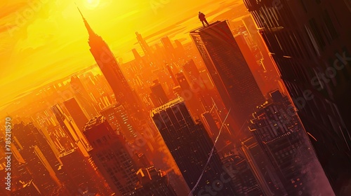 Towering skyscrapers and a vibrant sunset as a heroic figure emerges in a powerful stance, ready to face impending danger. The composition draws inspiration from classic comic book art