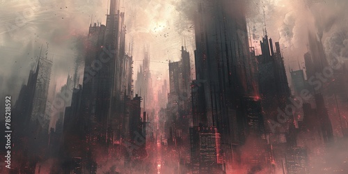 A dystopian cityscape unfolds with skyscrapers that resemble gnarled, skeletal structures reaching for the heavens. The oppressive atmosphere is intensified by a monochrome palette photo