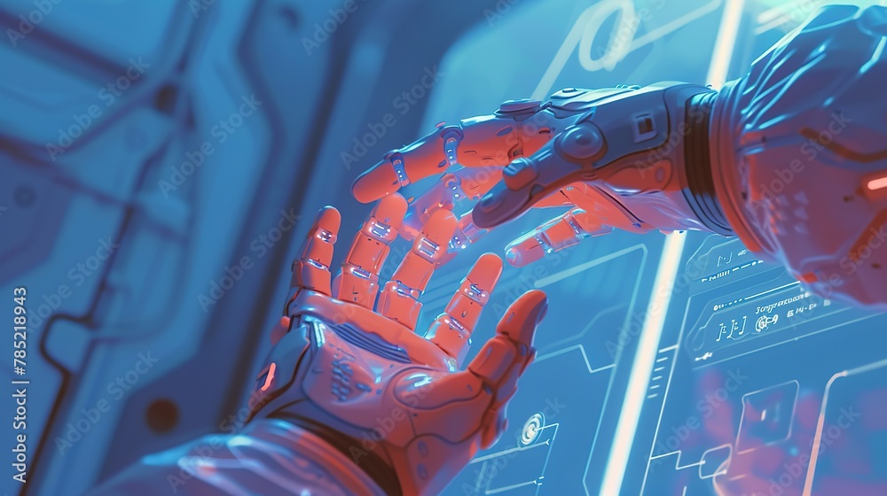 A futuristic portraying hands interacting with holographic interfaces, conveying the synergy between humanity and technology. - obrazy, fototapety, plakaty 