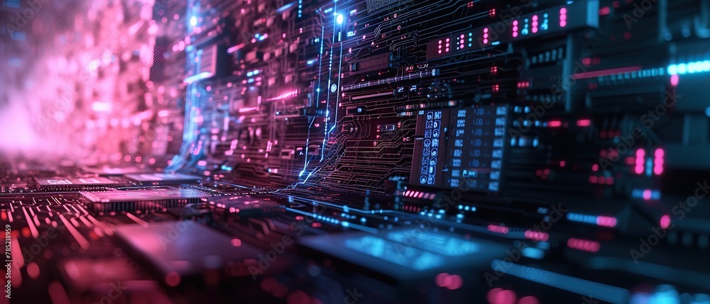 A futuristic blend of realism and abstraction, portraying a hacker's interface with intricate circuitry and binary code seamlessly integrating into the image. A futuristic blend of realism and abstraction, portraying a hacker's interface with intricate circuitry and binary code seamlessly integrating into the image.
