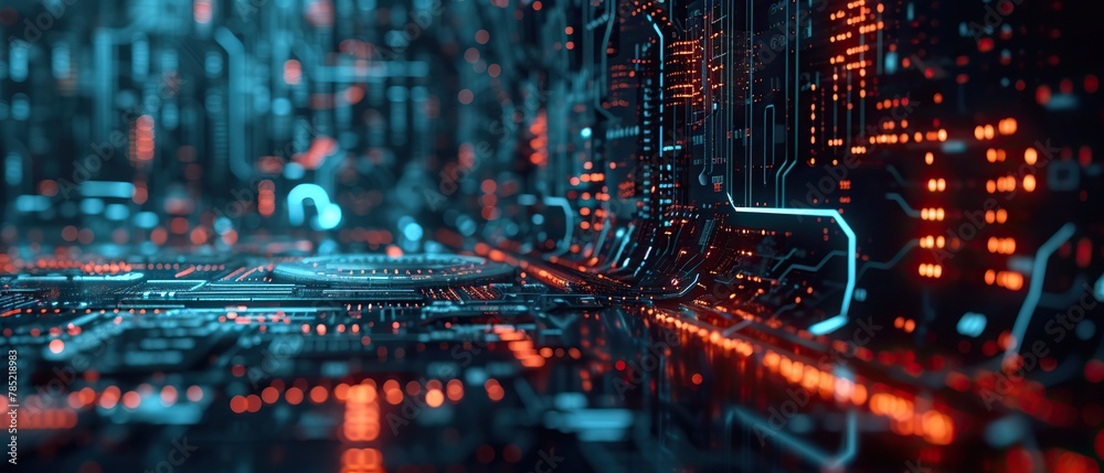 A futuristic blend of realism and abstraction, portraying a hacker's interface with intricate circuitry and binary code seamlessly integrating into the image. A futuristic blend of realism and abstraction, portraying a hacker's interface with intricate circuitry and binary code seamlessly integrating into the image.