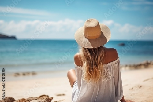 Young women sitting on a sandy beach and looking out to sea.