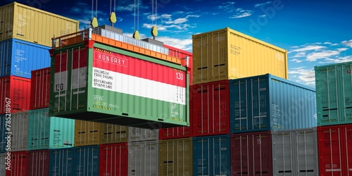 Freight shipping container with flag of Hungary on crane hook - 3D illustration photo