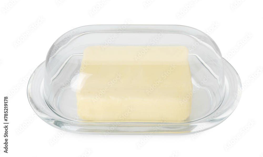Dish with block of tasty butter isolated on white Dish with block of tasty butter isolated on white