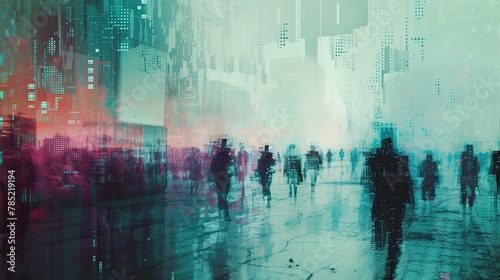 A futuristic cityscape with people turning into streams of digital code, seemingly pushed out of the physical realm. The transition from human to code is depicted in a glitch-art style #785219194