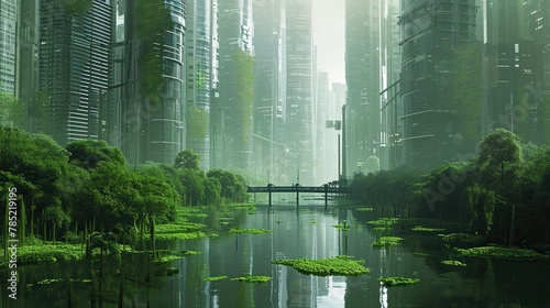 A futuristic cityscape with towering skyscrapers softened by lush green buffer zones between the buildings. The city's reflection shimmers in the water, creating a juxtaposition of urban development 