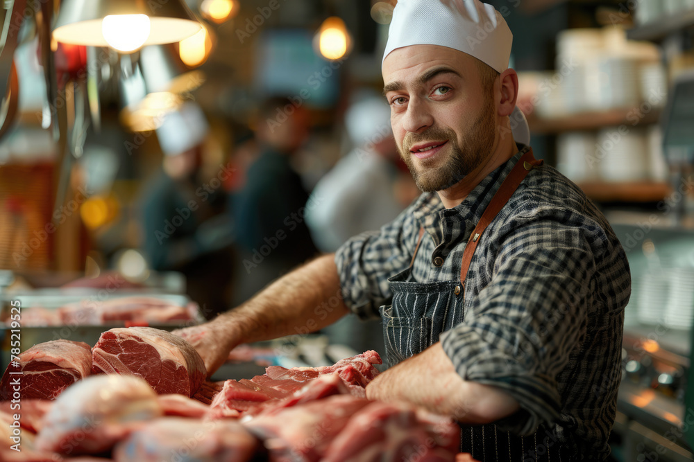 Male butcher seller of the meat department in the store