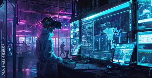 A futuristic scene featuring a scientist immersed in a virtual reality environment, conducting experiments without the need for live animals. The image draws inspiration from cyberpunk aesthetics