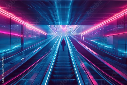 A futuristic scene with a person standing on an escalator that stretches infinitely upward  symbolizing the unstoppable rise of technology. Cool  metallic tones reminiscent of sci-fi film aesthetics