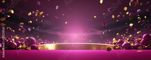 Magenta background, lights and golden confetti on the magenta background, football stadium with spotlights, banner for sports events