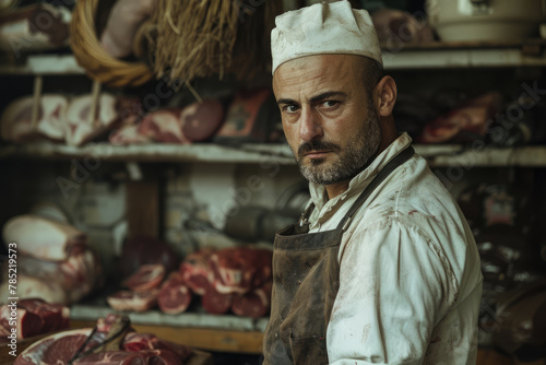 Butcher, meat seller in a store