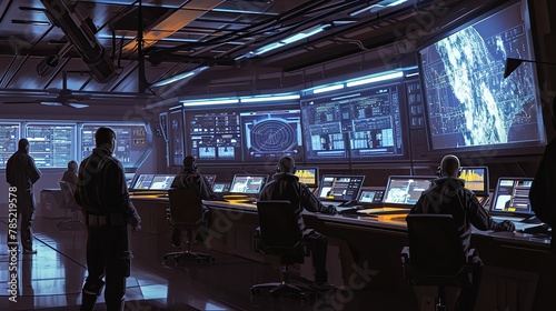 A futuristic space launch control room, illuminated by the glow of multiple screens displaying vital mission data. Engineers in sleek, high-tech attire focus intently on their tasks