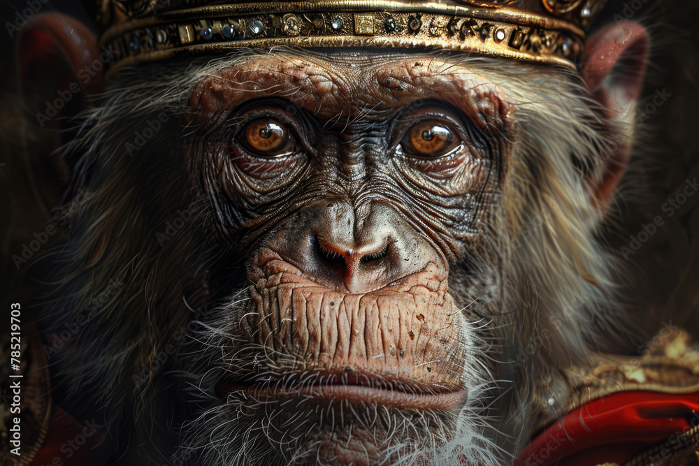 Big boss monkey with a golden crown on his head Big boss monkey with a golden crown on his head