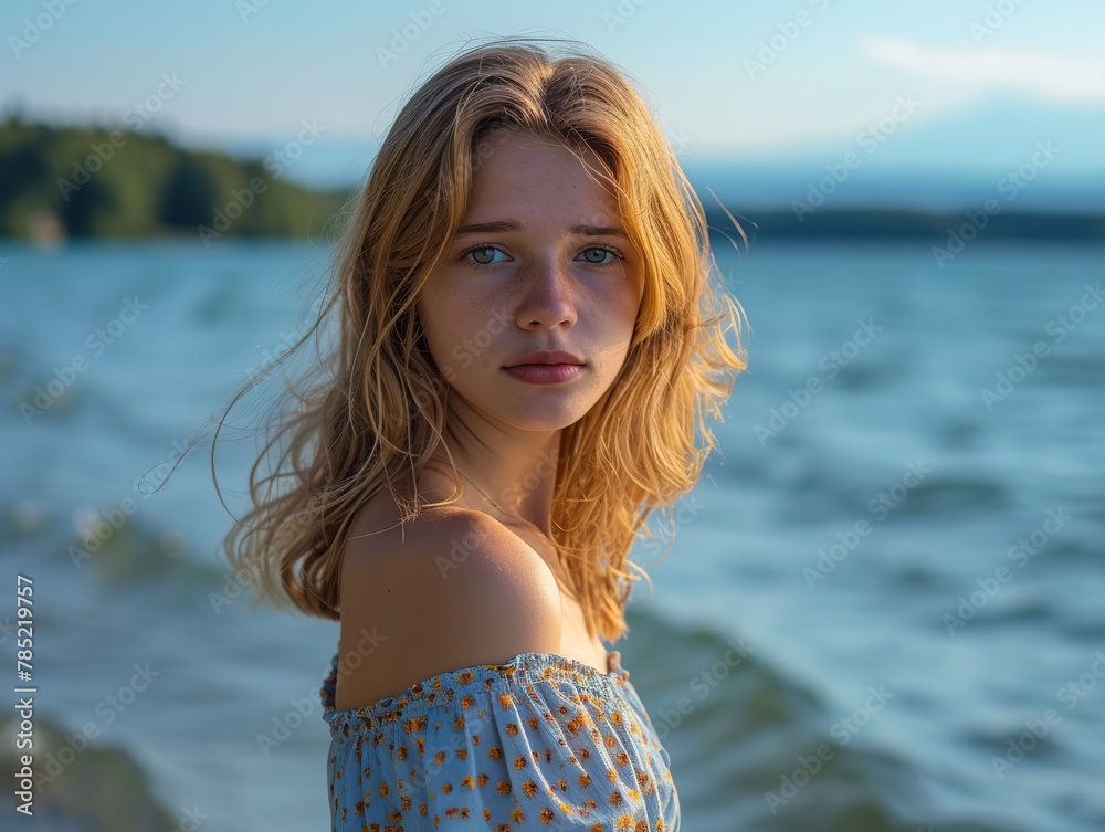 A girl with sandy-blonde hair and hazel eyes poses on the shores of Lake Chiemsee. The vibrant blue of the lake contrasts with her warm-hued dress, creating a picturesque scene. A girl with sandy-blonde hair and hazel eyes poses on the shores of Lake Chiemsee. The vibrant blue of the lake contrasts with her warm-hued dress, creating a picturesque scene.