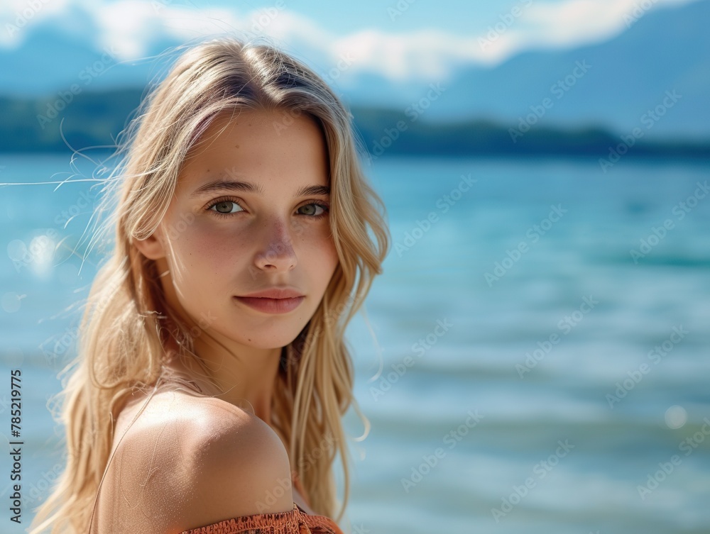 A girl with sandy-blonde hair and hazel eyes poses on the shores of Lake Chiemsee. The vibrant blue of the lake contrasts with her warm-hued dress, creating a picturesque scene.