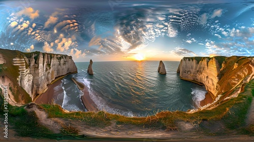 Panoramic Seascape at Sunset with Cliffs and Sailing Ships. Majestic Nature Landscape. Ideal for Travel and Adventure Themes. Idyllic Scenery. AI