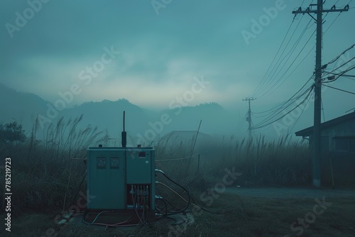 A generator starting up in a rural landscape during a power outage, symbolizing resilience in the face of challenges. 