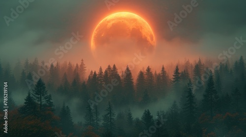 Full moon illuminates foggy forest in natural landscape