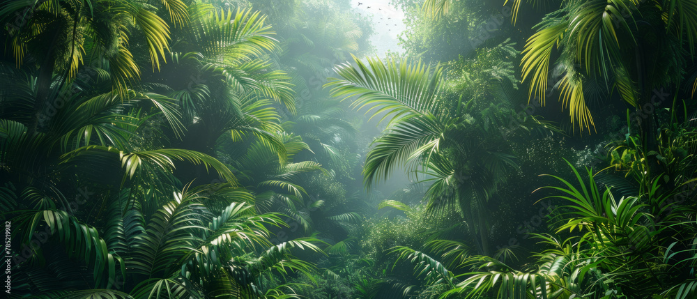 Panorama of lush jungle with palm trees and tropical plants, representing a theme of adventure, nature, and wilderness.