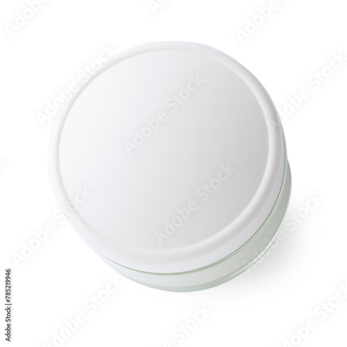 Jar of body care cream isolated on white, top view