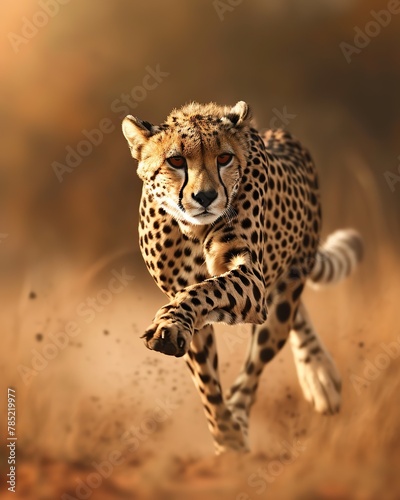 Sleek cheetah in mid-stride, its lithe form elegantly depicted against a blurred background. photo