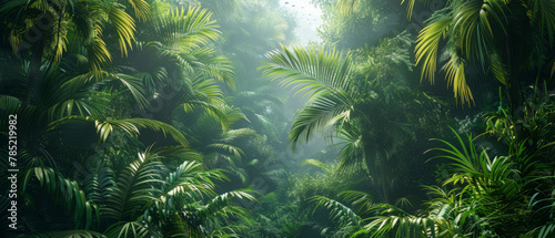 Panorama of lush jungle with palm trees and tropical plants, representing a theme of adventure, nature, and wilderness.