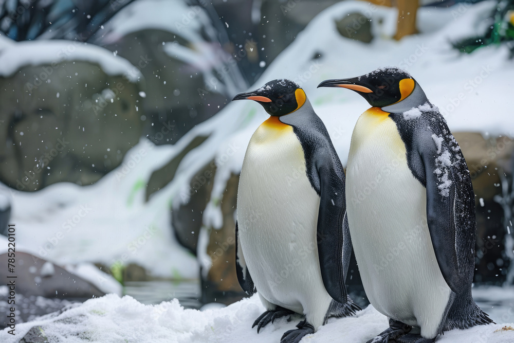 Fototapeta premium Funny penguins walk in the snow