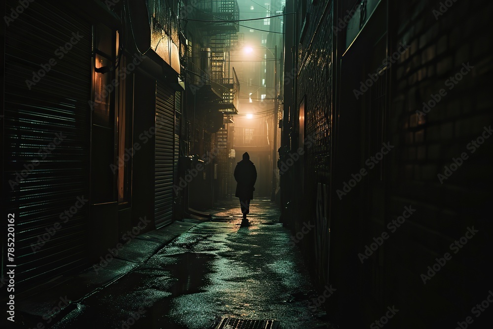 Person navigating a dimly lit alley in an urban setting, emphasizing the mysterious beauty found in low-lit cityscapes. Person navigating a dimly lit alley in an urban setting, emphasizing the mysterious beauty found in low-lit cityscapes.