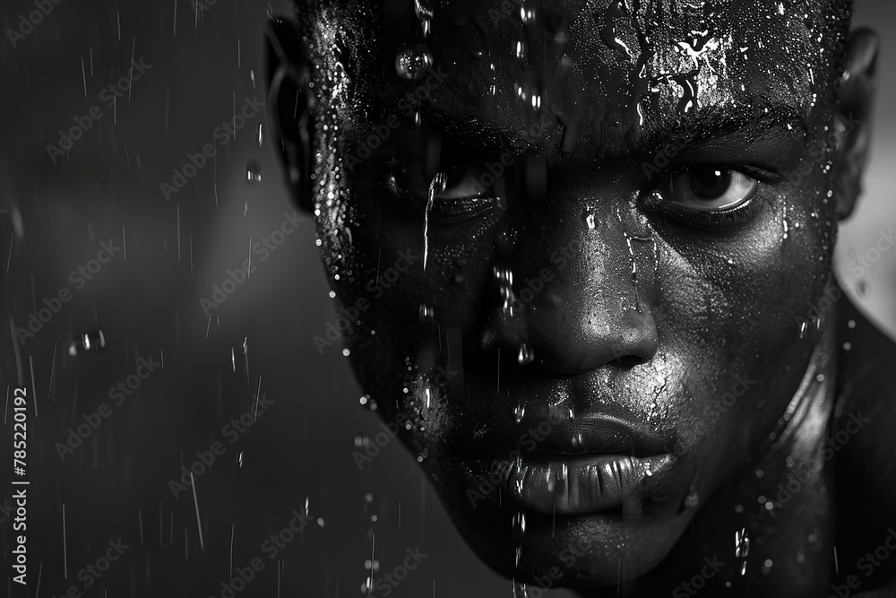 Determined, sweat-drenched Afro-American rookie boxer in the midst of an intense training session. The harsh contrast emphasizes the rugged determination in the rookie's eyes. Determined, sweat-drenched Afro-American rookie boxer in the midst of an intense training session. The harsh contrast emphasizes the rugged determination in the rookie's eyes.