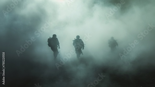 Military incursion training exercise, capturing soldiers moving stealthily through dense fog. The composition plays with shadows and highlights to convey tension and secrecy. photo
