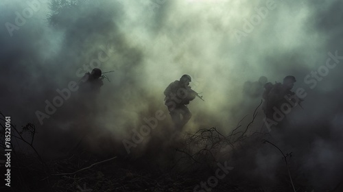 Military incursion training exercise, capturing soldiers moving stealthily through dense fog. The composition plays with shadows and highlights to convey tension and secrecy.