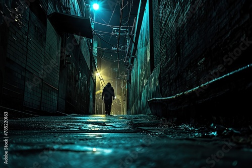 Person navigating a dimly lit alley in an urban setting, emphasizing the mysterious beauty found in low-lit cityscapes. photo