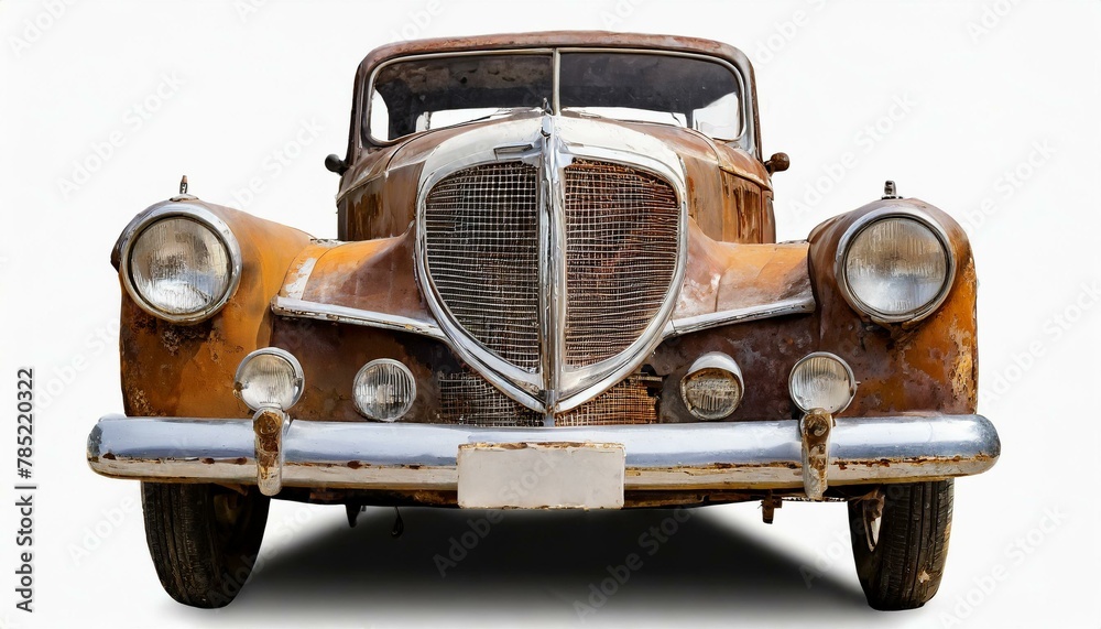 Rustic Remnant: Front View of Old Weathered Classic Car, Isolated