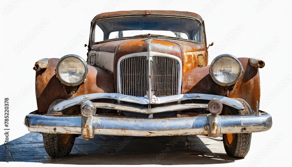 Retro Relic: Isolated Front of Rusty Ancient Car on White