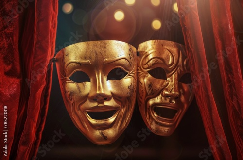 Two Gold Masks With Red Curtains
