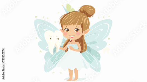 A cute tooth fairy holds a milk tooth in her hands