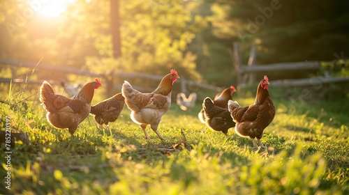 Chickens foraging in a sunlit pasture, capturing the essence of free-range farming and the natural habitat of these birds. The image draws inspiration from agricultural photography photo